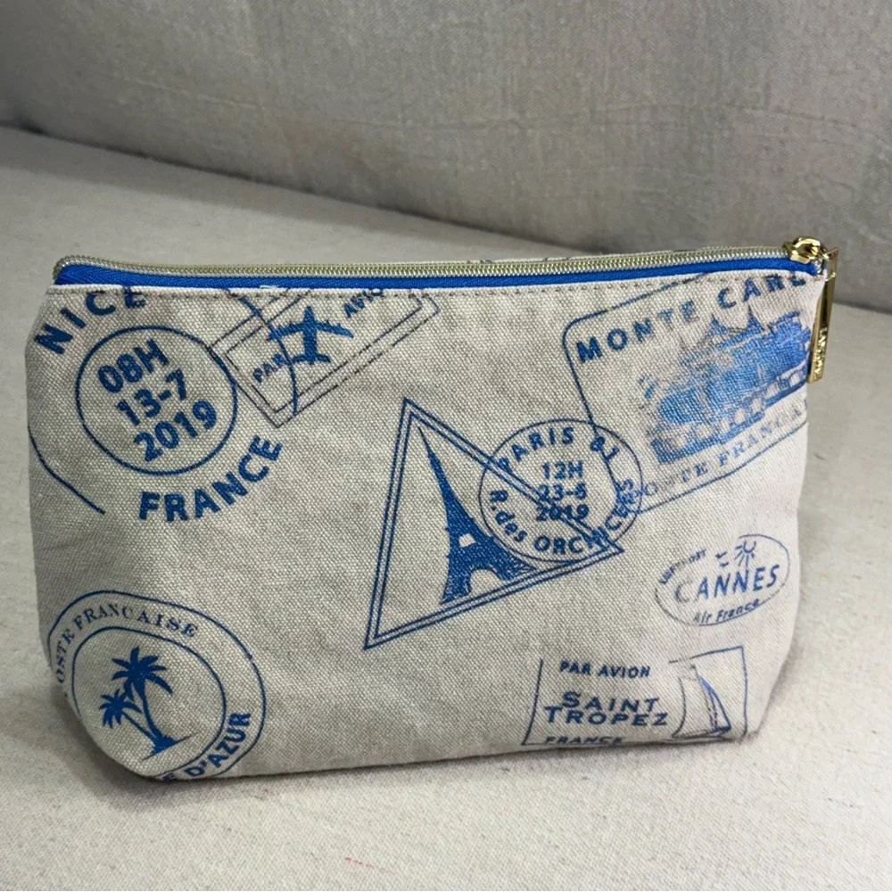 Lancôme Paris canvas cosmetic bag - blue passport stamp design